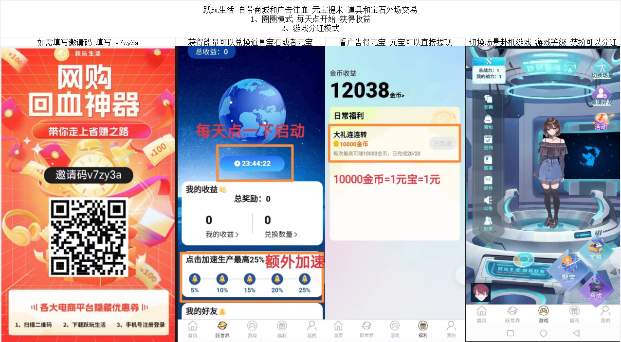 跃玩生活 圈圈+游戏分红 自带商城和广告注血 元宝提米 道具和宝石外场交易